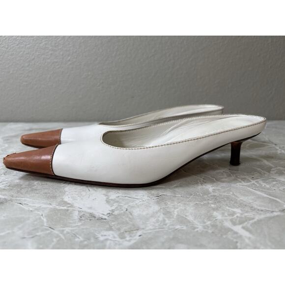 Loro Piana Vintage Quiet Luxury Kitten Heels 37 White Tan Leather Made In Italy - Picture 5 of 11